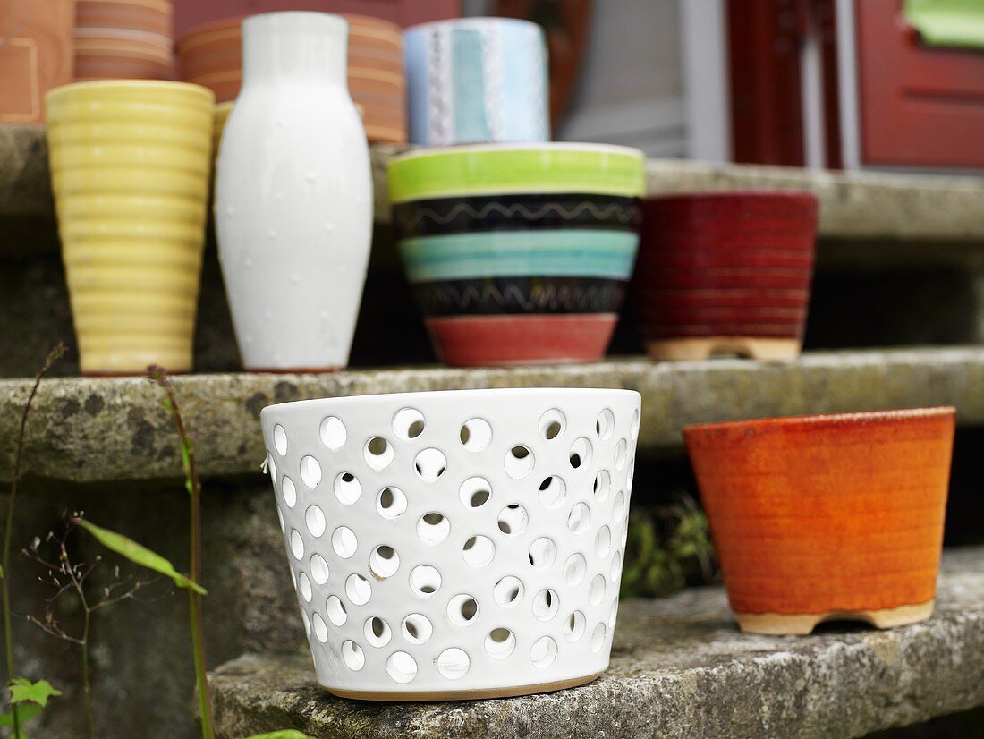 Flowerpots outside on stone steps