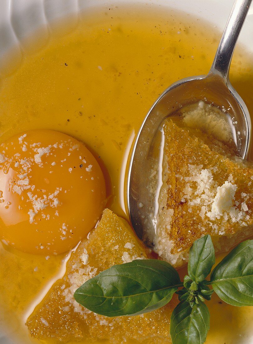 Zuppa pavese (broth with raw egg, Italy)