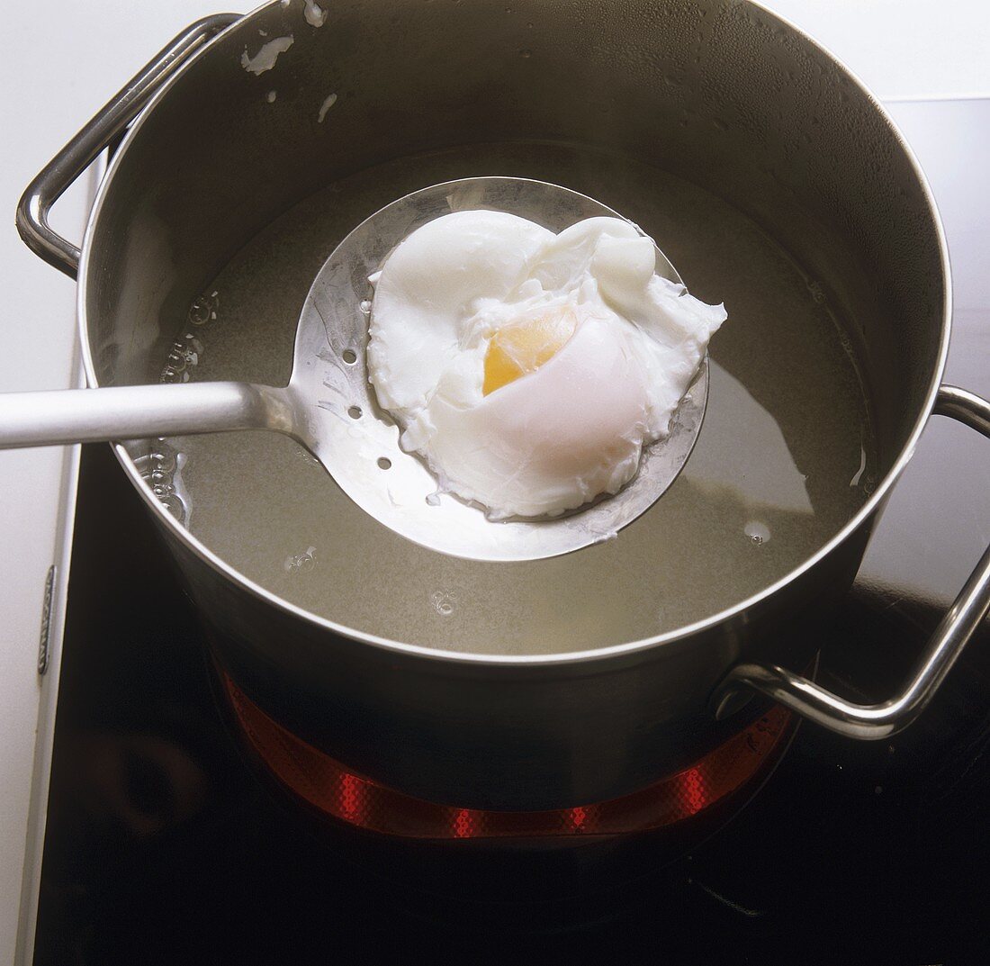 Taking poached egg out of vinegar and water