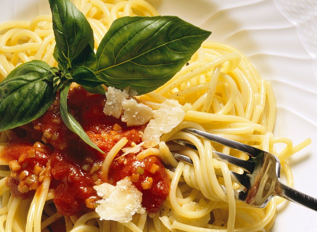 Spaghetti with vegetable sauce and Parmesan (Italy)
