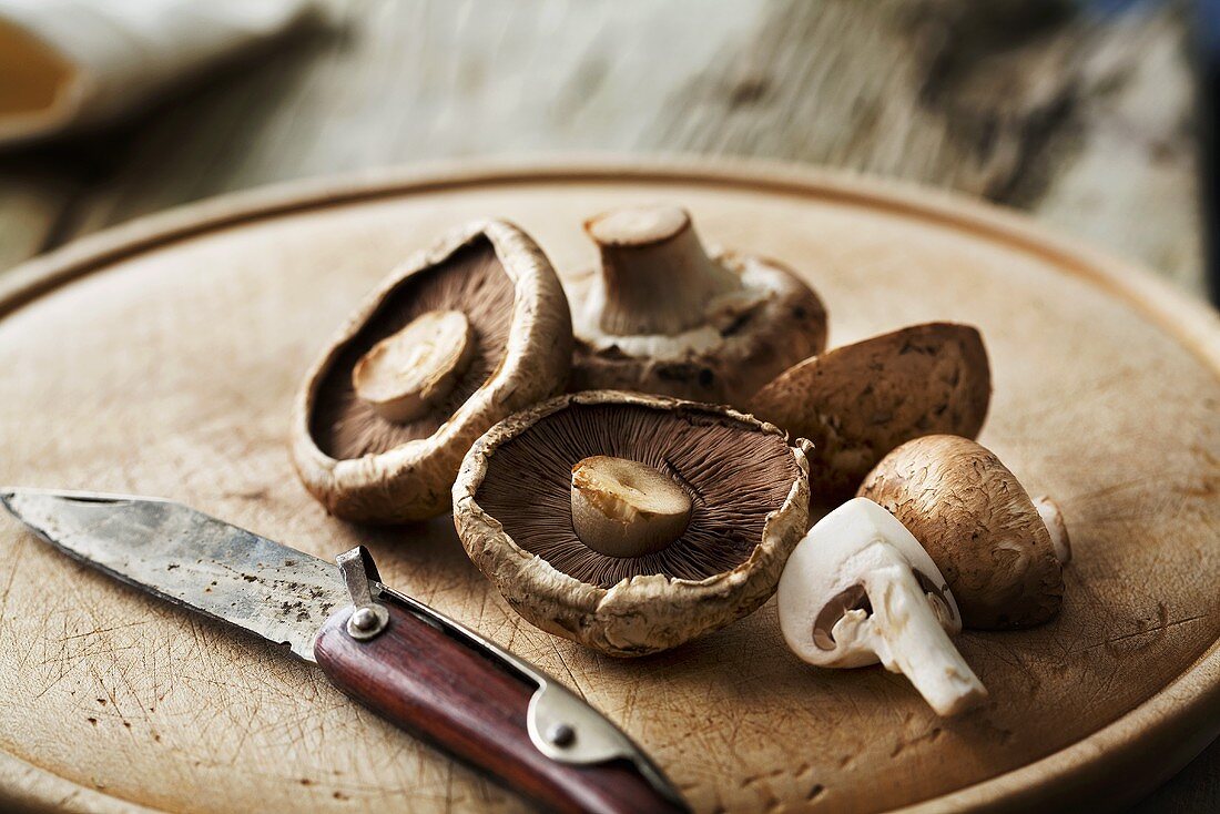 Chestnut mushrooms with knife