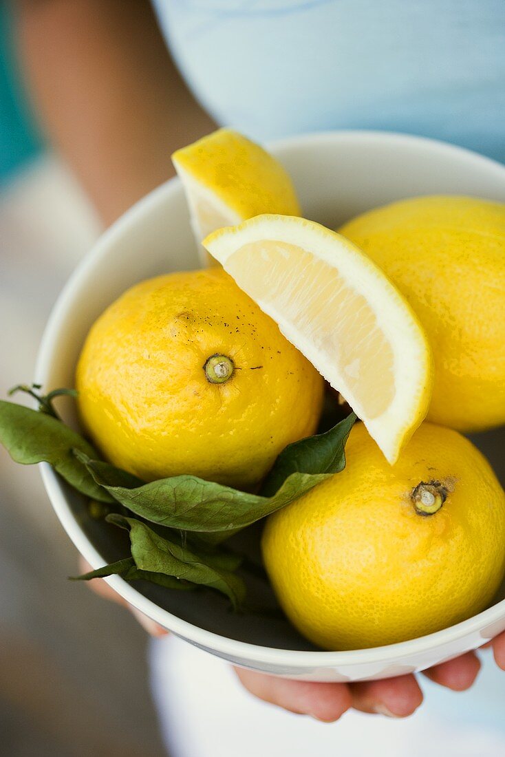Hand holding a bowl of fresh lemons