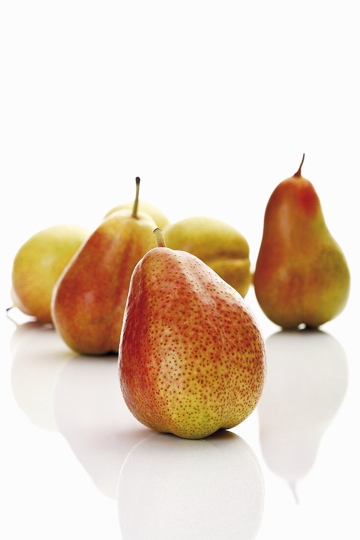 Several Forelle pears on white background