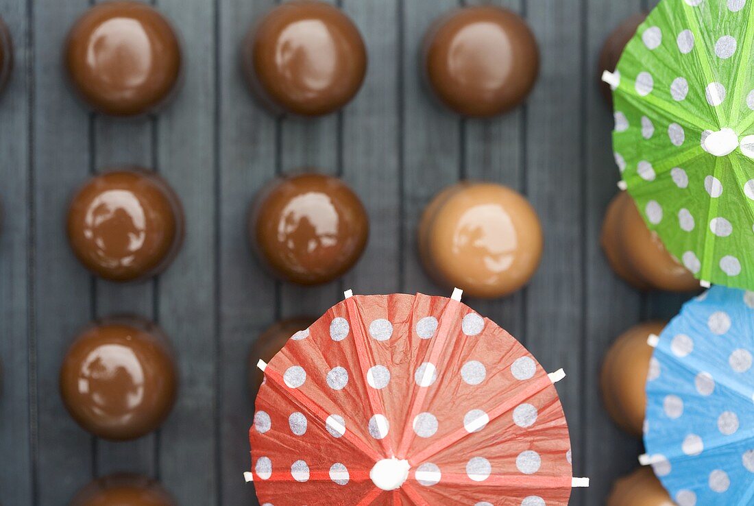 Chocolate marshmallows with cocktail umbrellas