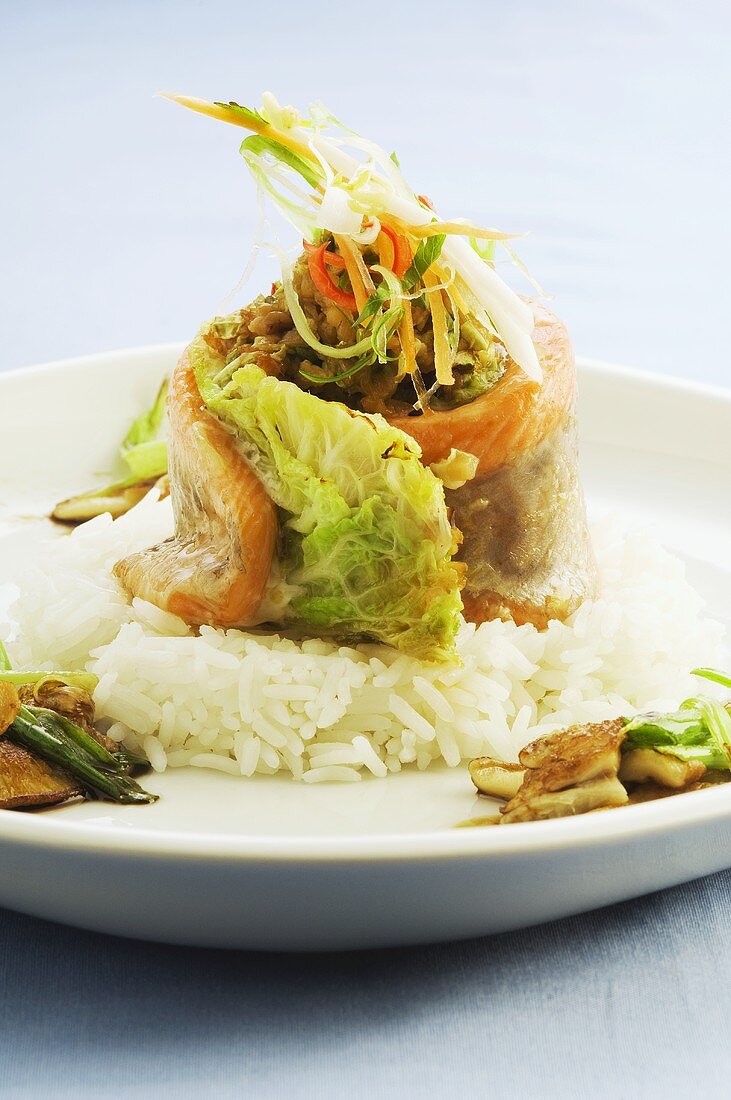 Salmon trout with savoy cabbage and lentils on rice