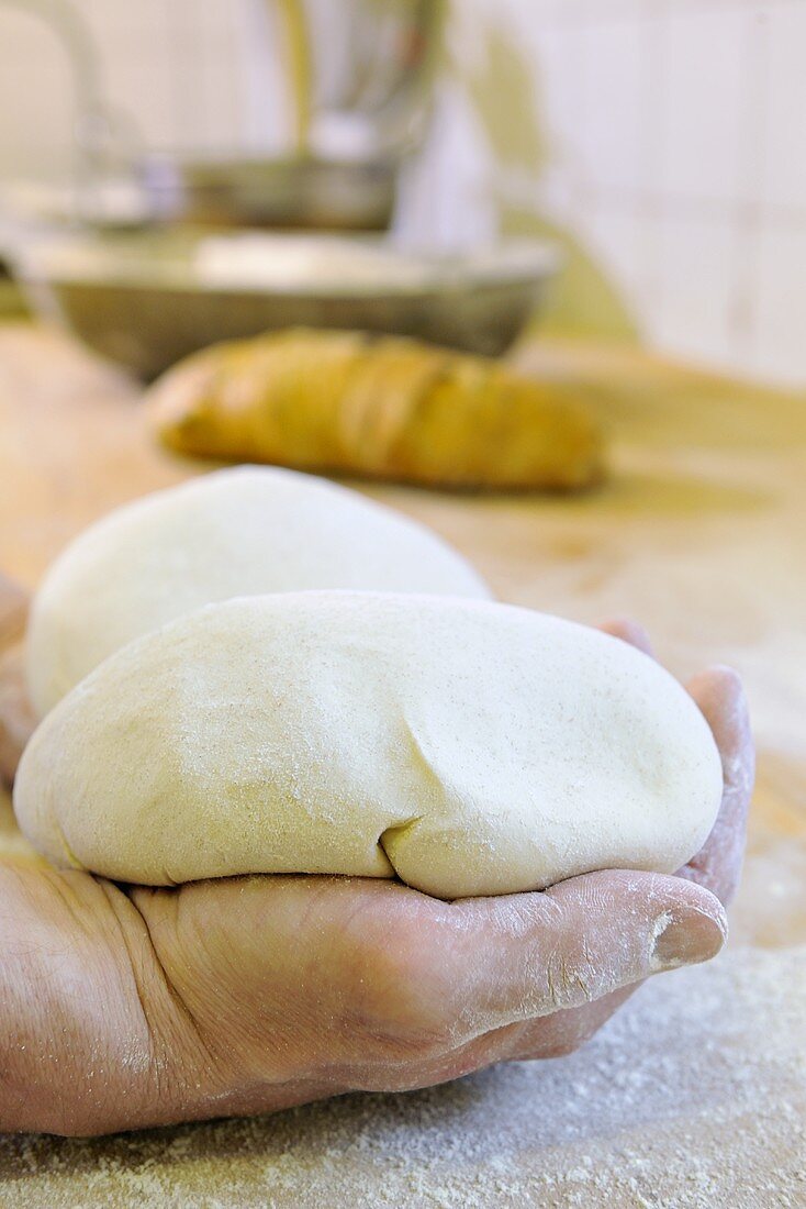 A hand holding shaped bread dough