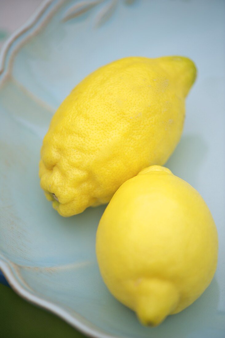 Zwei Zitronen auf blauem Teller