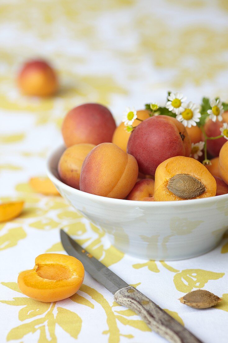 A bowl of apricots, whole and halved