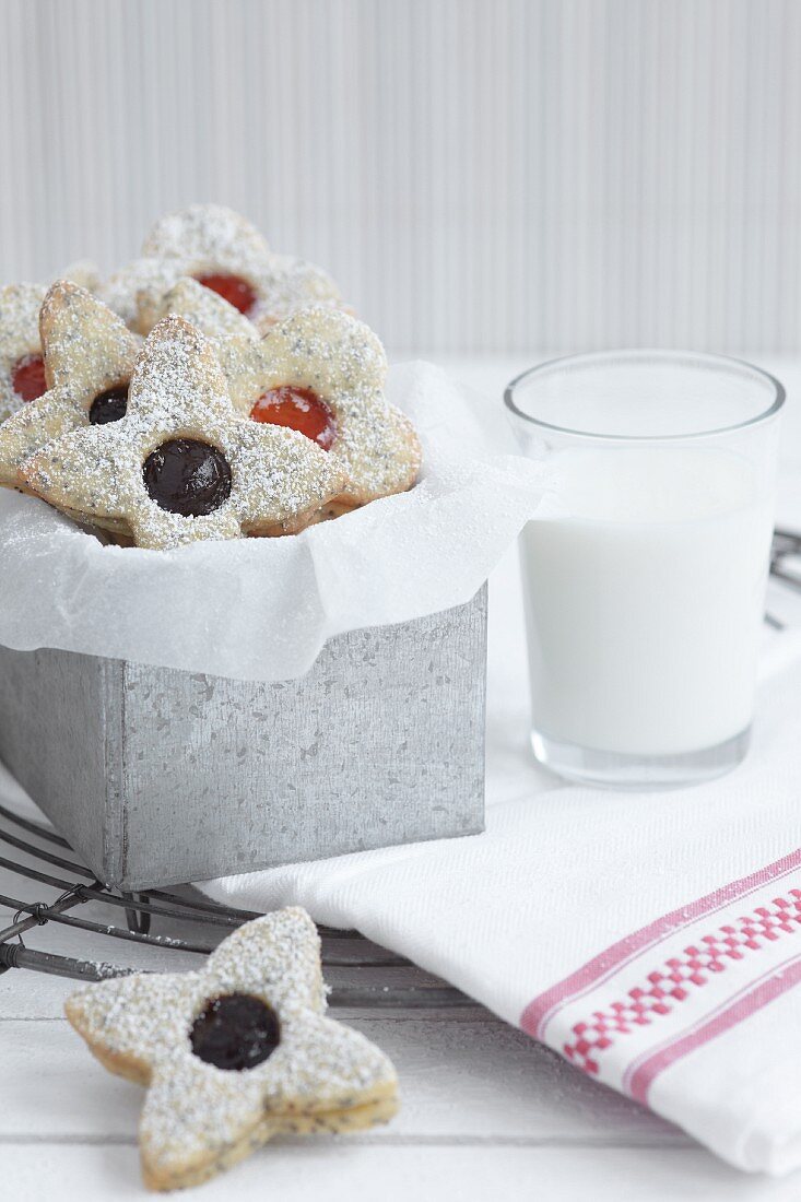 Jam biscuits and a glass of milk