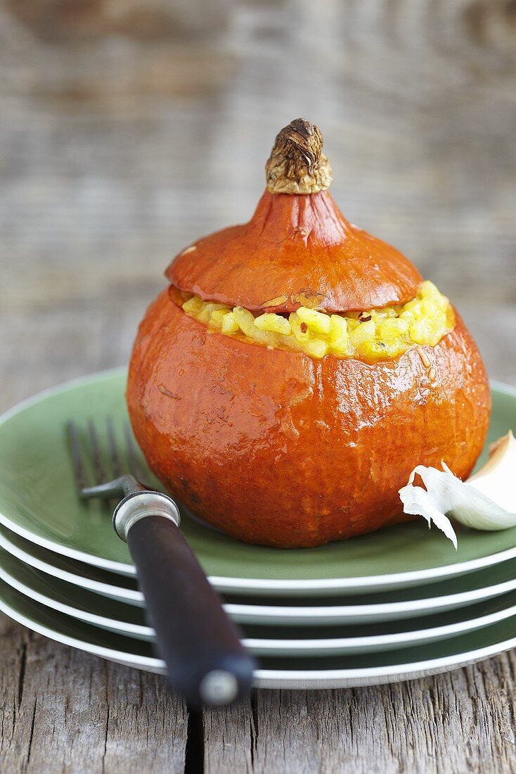 Pumpkin risotto in a hollowed out pumpkin