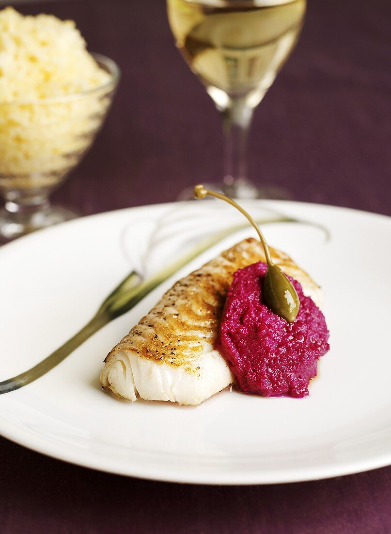 Whiting with beetroot pesto and capers