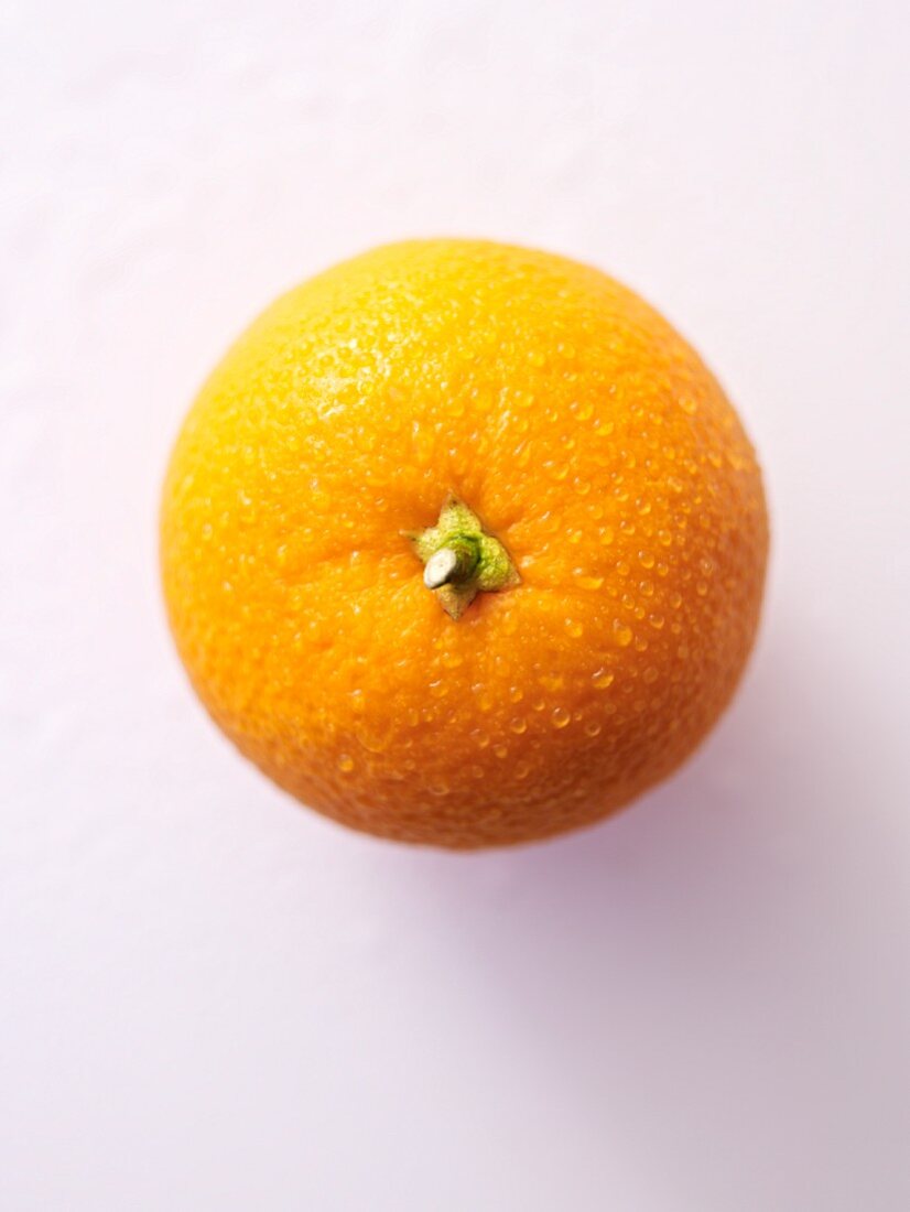 Eine Orange mit Wassertropfen von oben