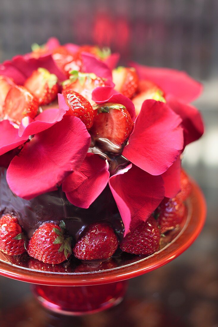 Schokoladenkuchen mit Erdbeeren und Rosenblütenblättern