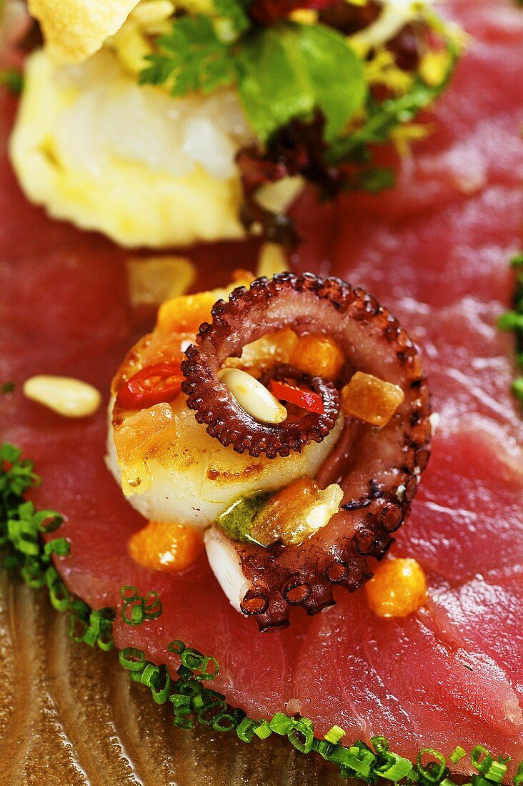 Tuna carpaccio with scallops and octopus