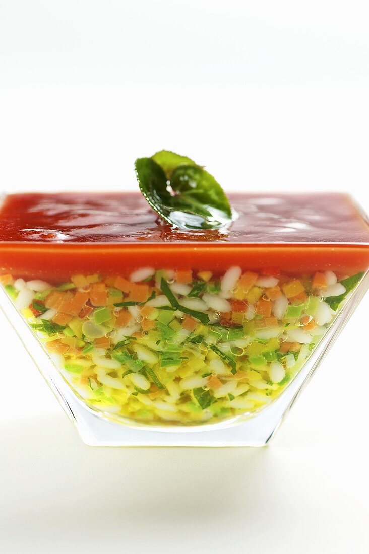 Vegetable risotto in a jar with tomato sauce