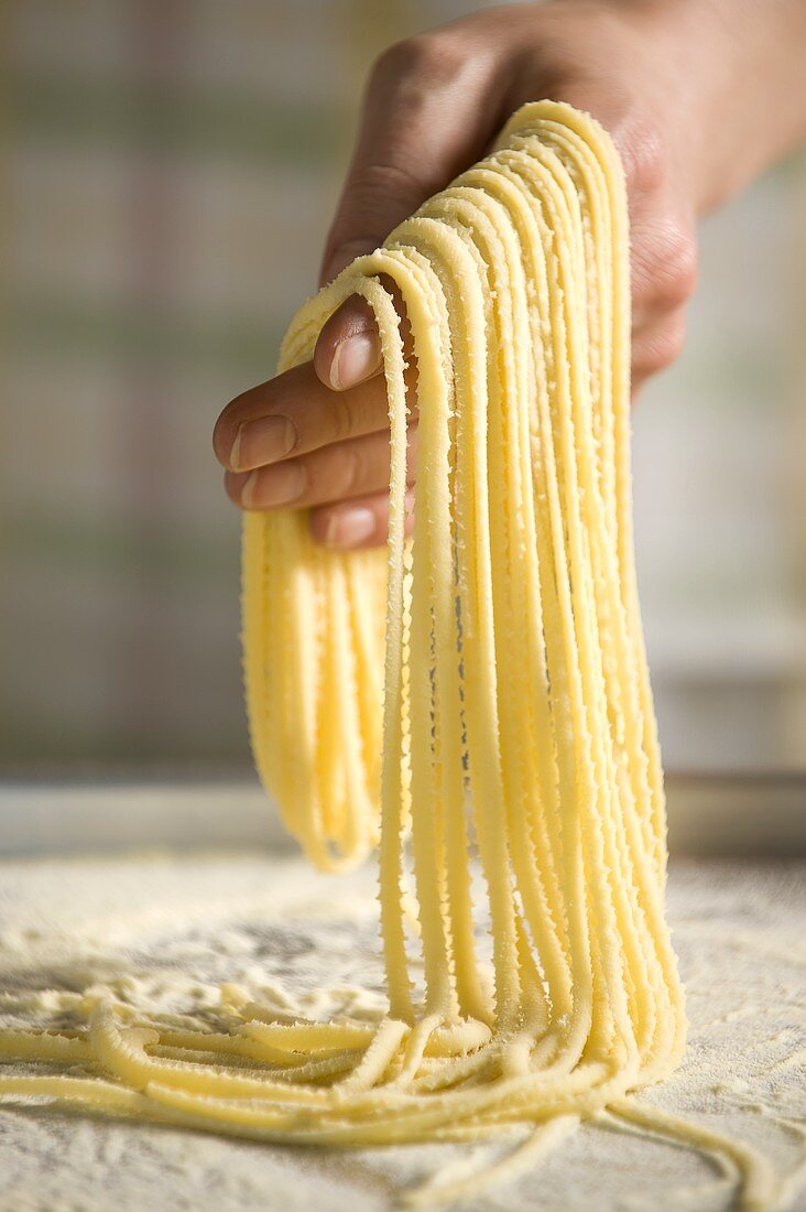 Frische Spaghetti auf der Hand