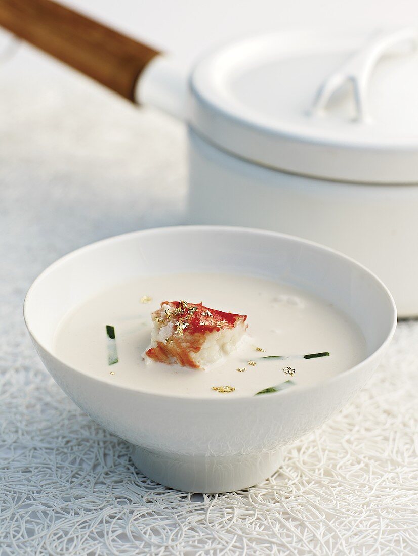 Crab chowder with gold flakes