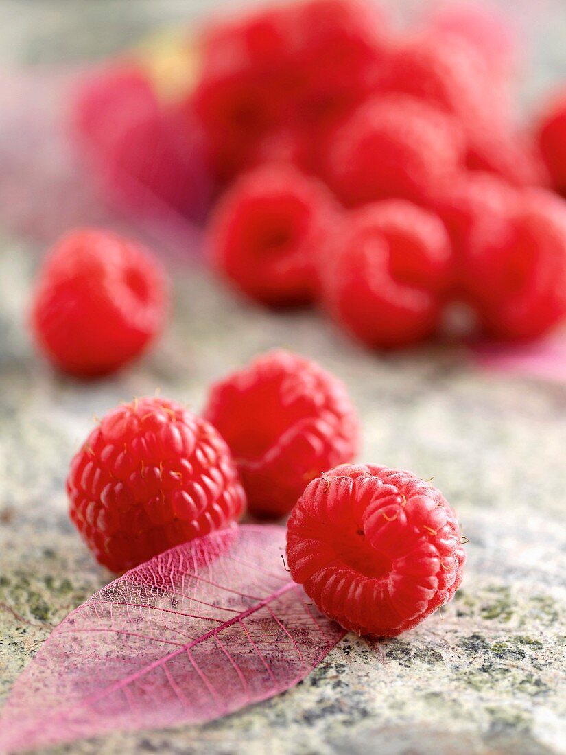 Frische Himbeeren mit rosa Dekoblatt