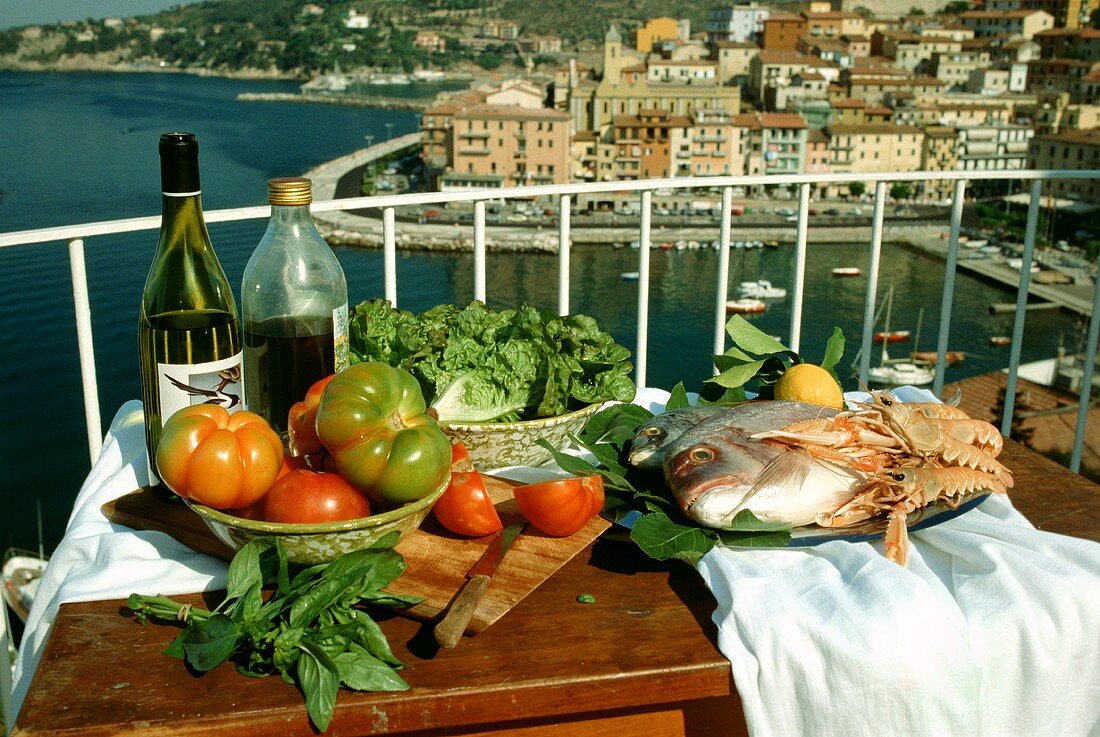 Still life; fish; tomatoes; balcony; Italy