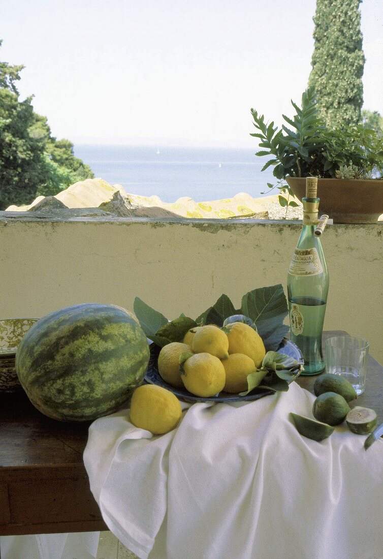 Stillleben: Balkon; Früchte; Wein; Tisch