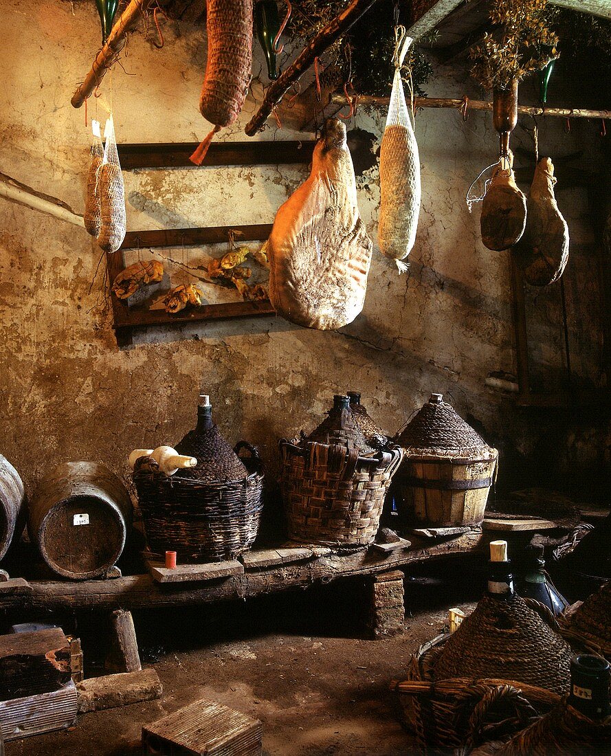 Hanging Smoked Hams and Sausages