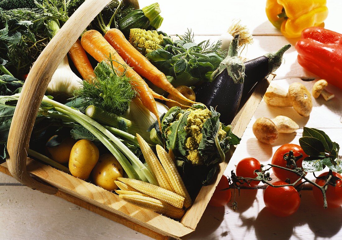 Wood Basket with Fresh Picked Vegetables