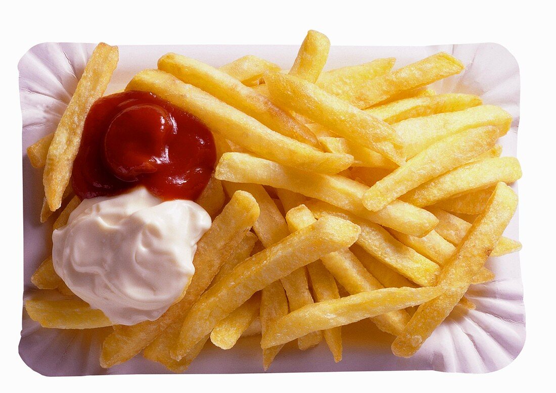 French Fries on Paper Plate; Ketchup and Mayo