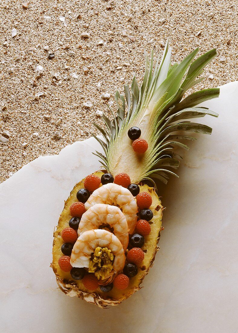 Rice Salad with Shrimps in a Pineapple Half
