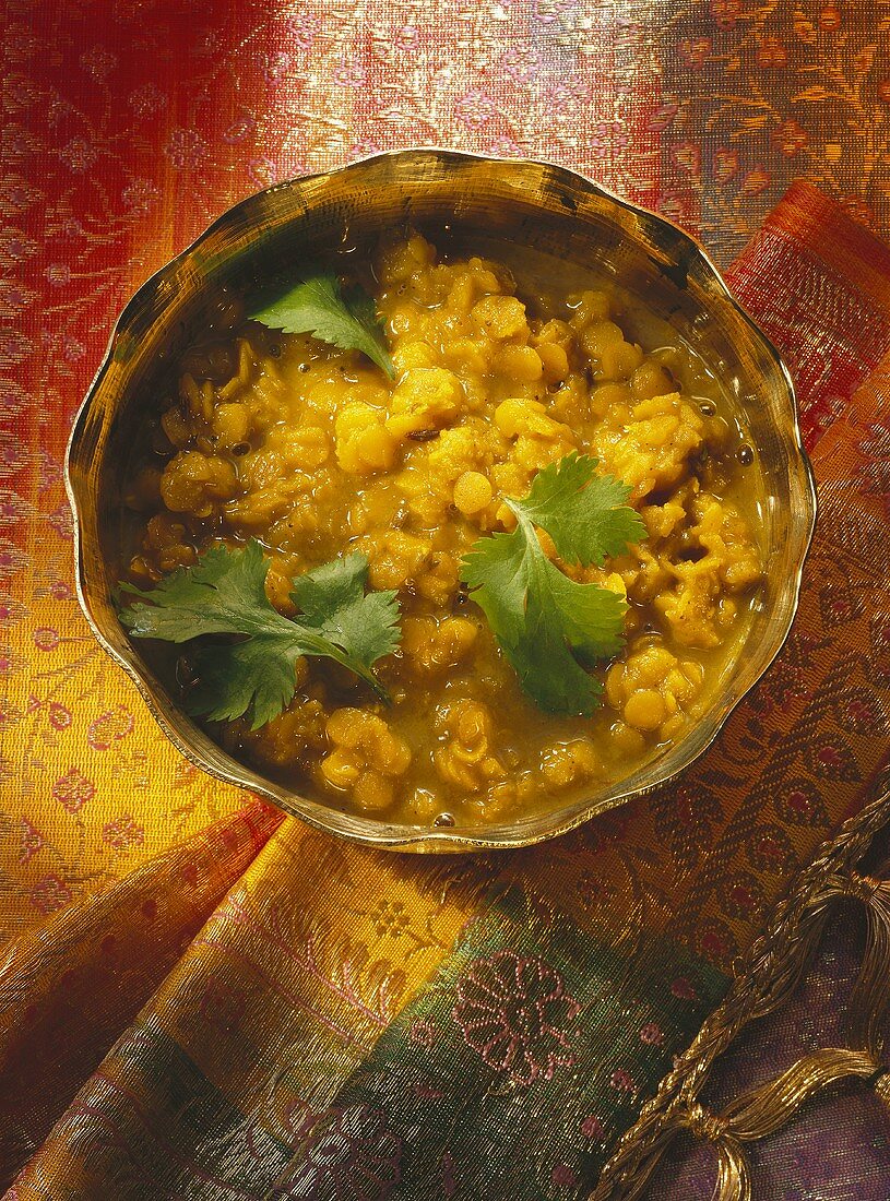 Red Lentils with Coriander in Brass Bowl