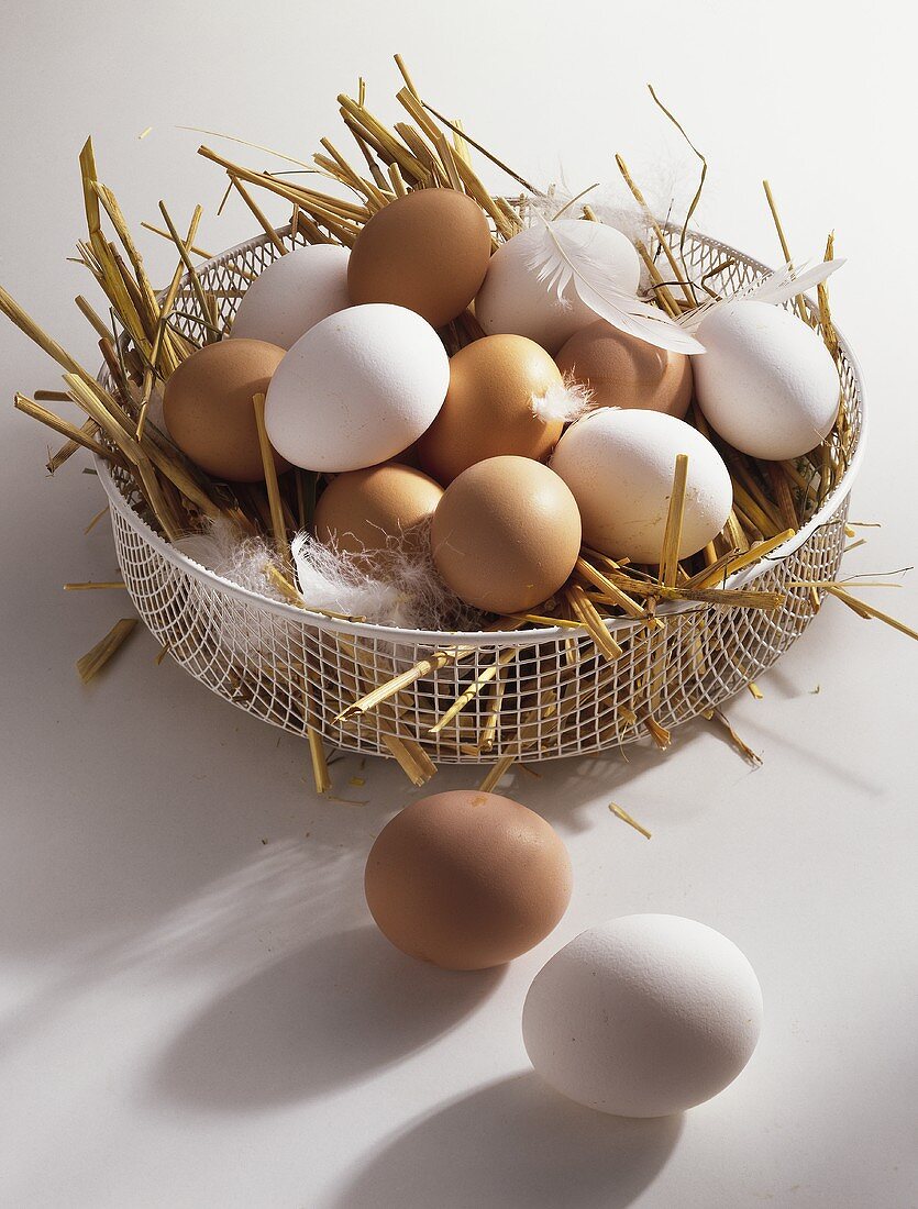 Eggs on straw in wire basket
