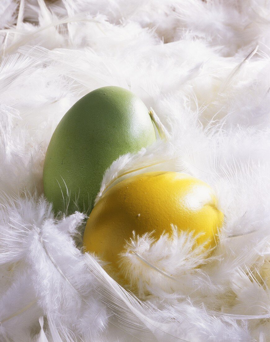 Two Easter eggs lying in feathers