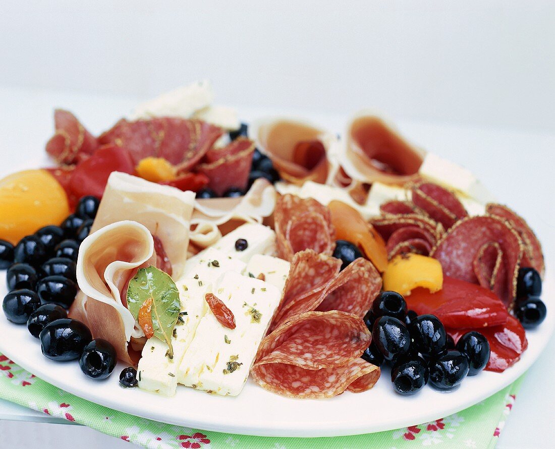 Antipasto with sausage, cheese and olives