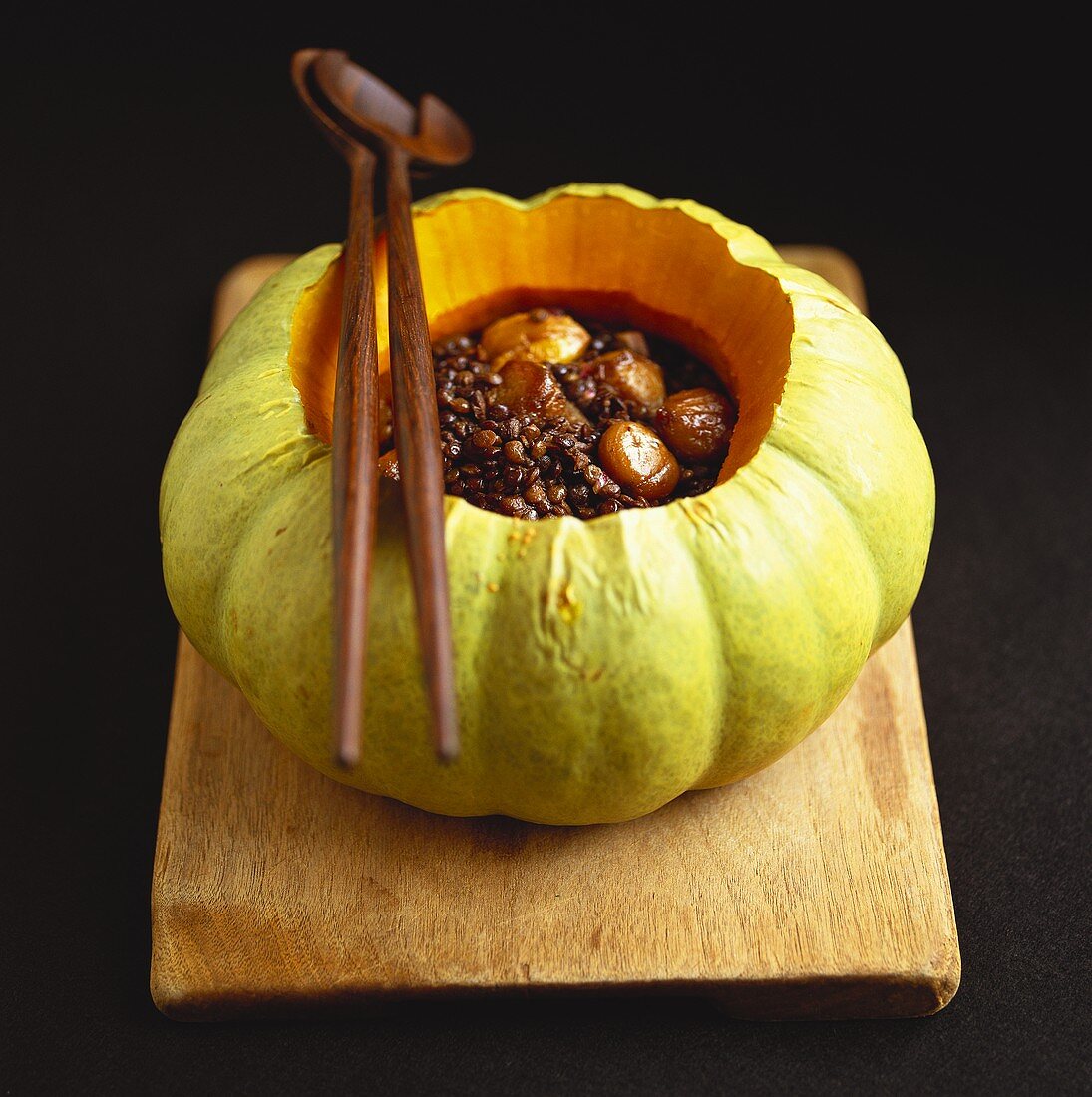 Pumpkin & lentil stew with chestnuts in hollowed-out pumpkin