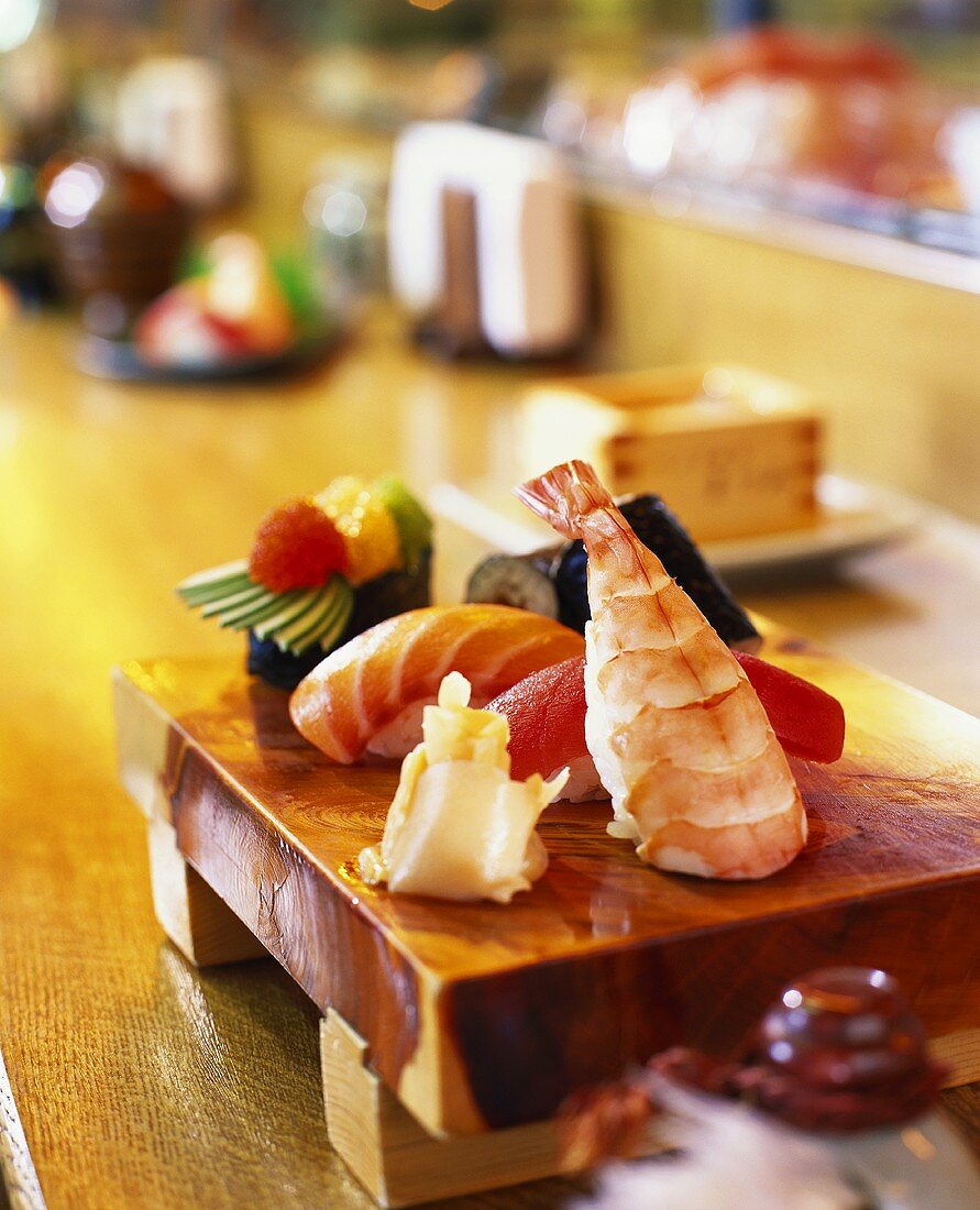 Sushi platter on table in restaurant