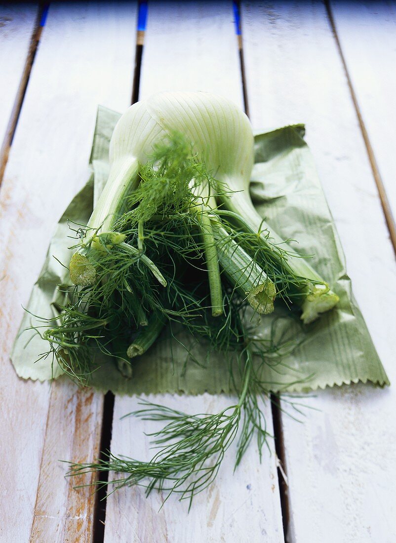 Fresh fennel on green paper bag