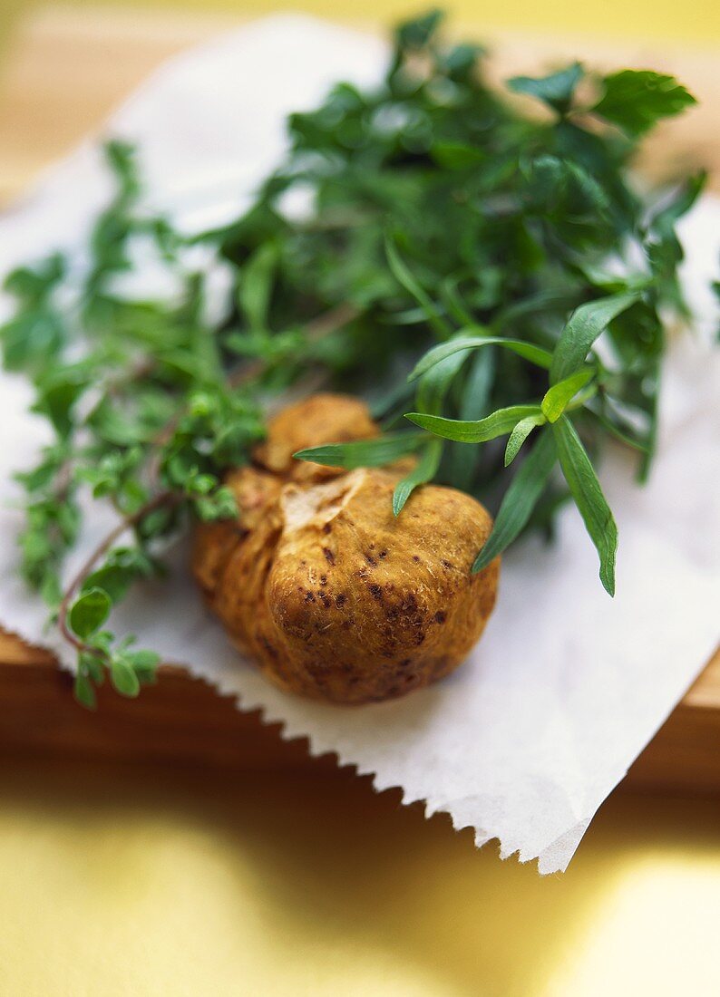 White truffle and fresh herbs on paper