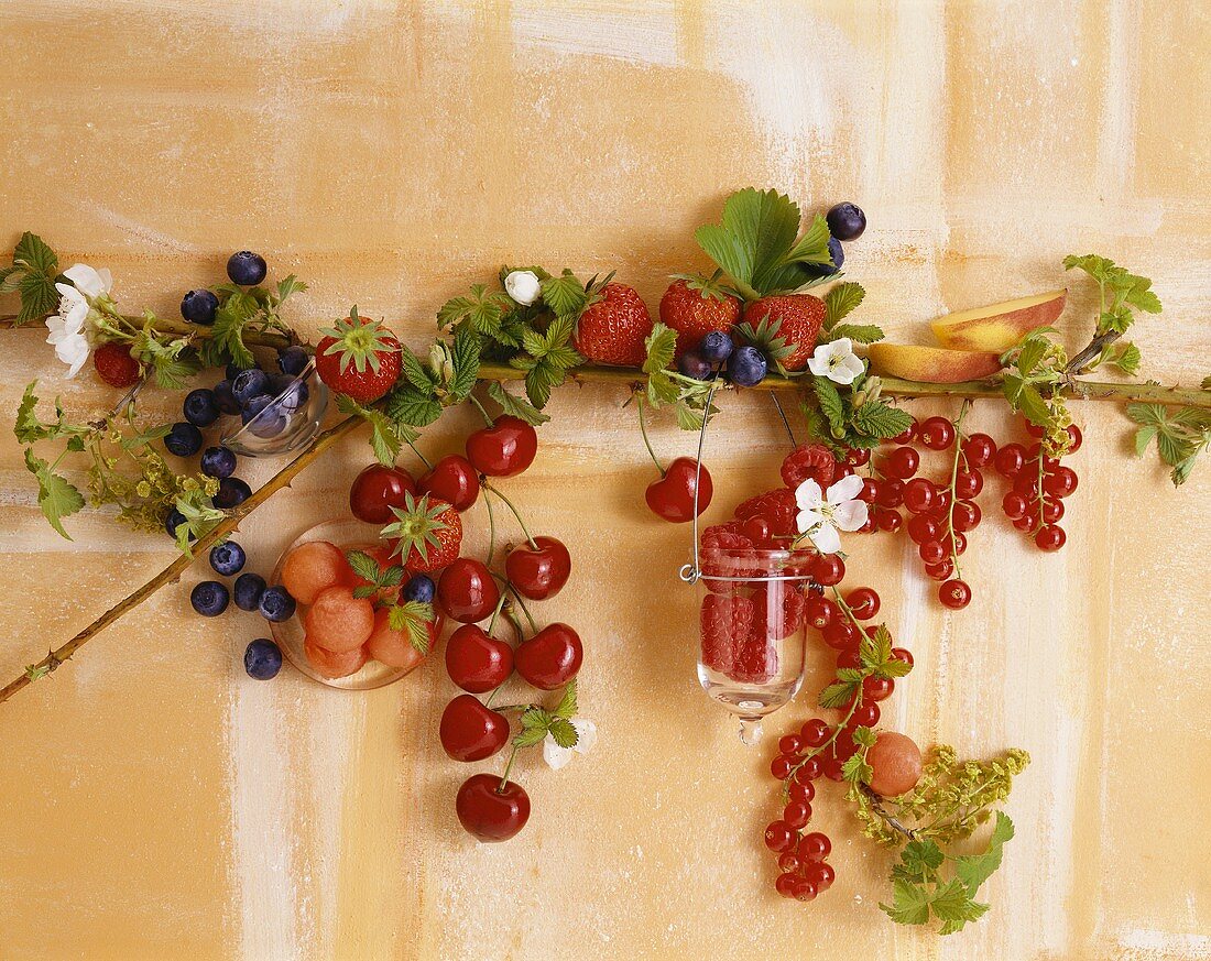 Summer fruit with flowers and leaves on a wall