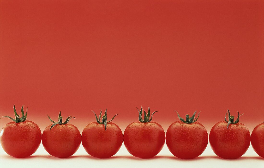 Tomatoes with drops of water in a row