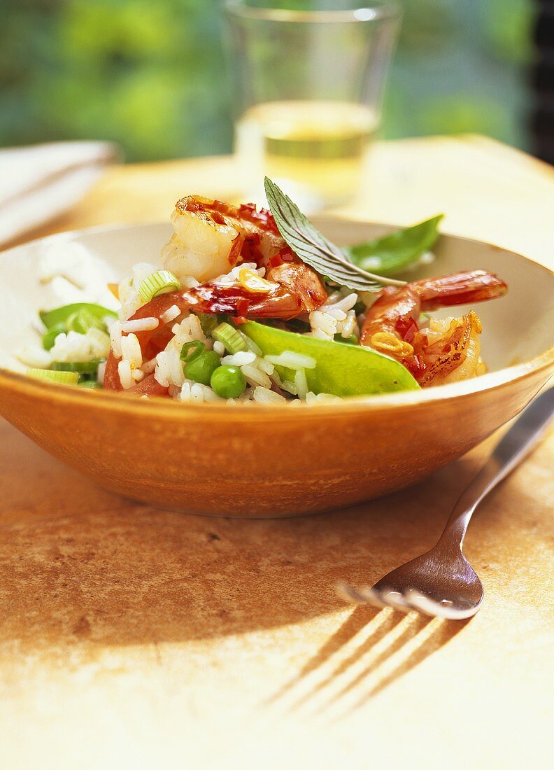 Rice salad with vegetables and shrimps (Spain)