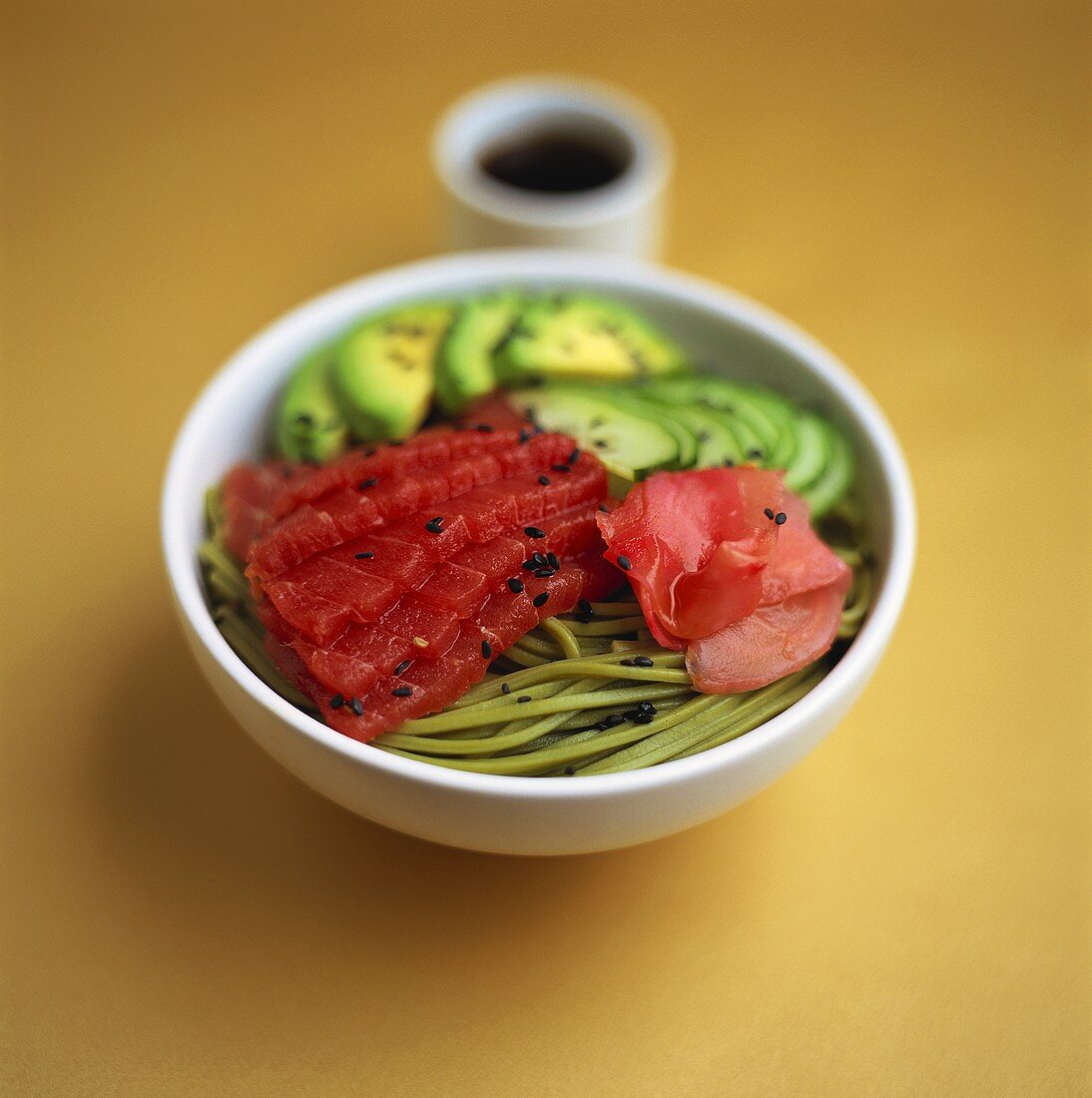 Marinated tuna on wasabi noodles with preserved ginger