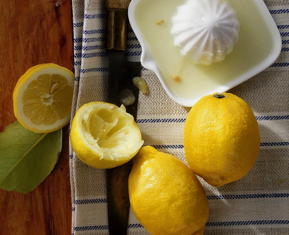 Zitronen (Citrus limon); ganz und ausgepresst