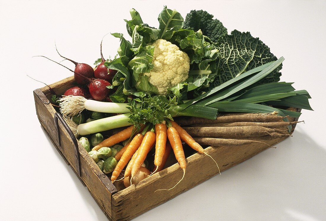 Fresh winter vegetables in wooden crate