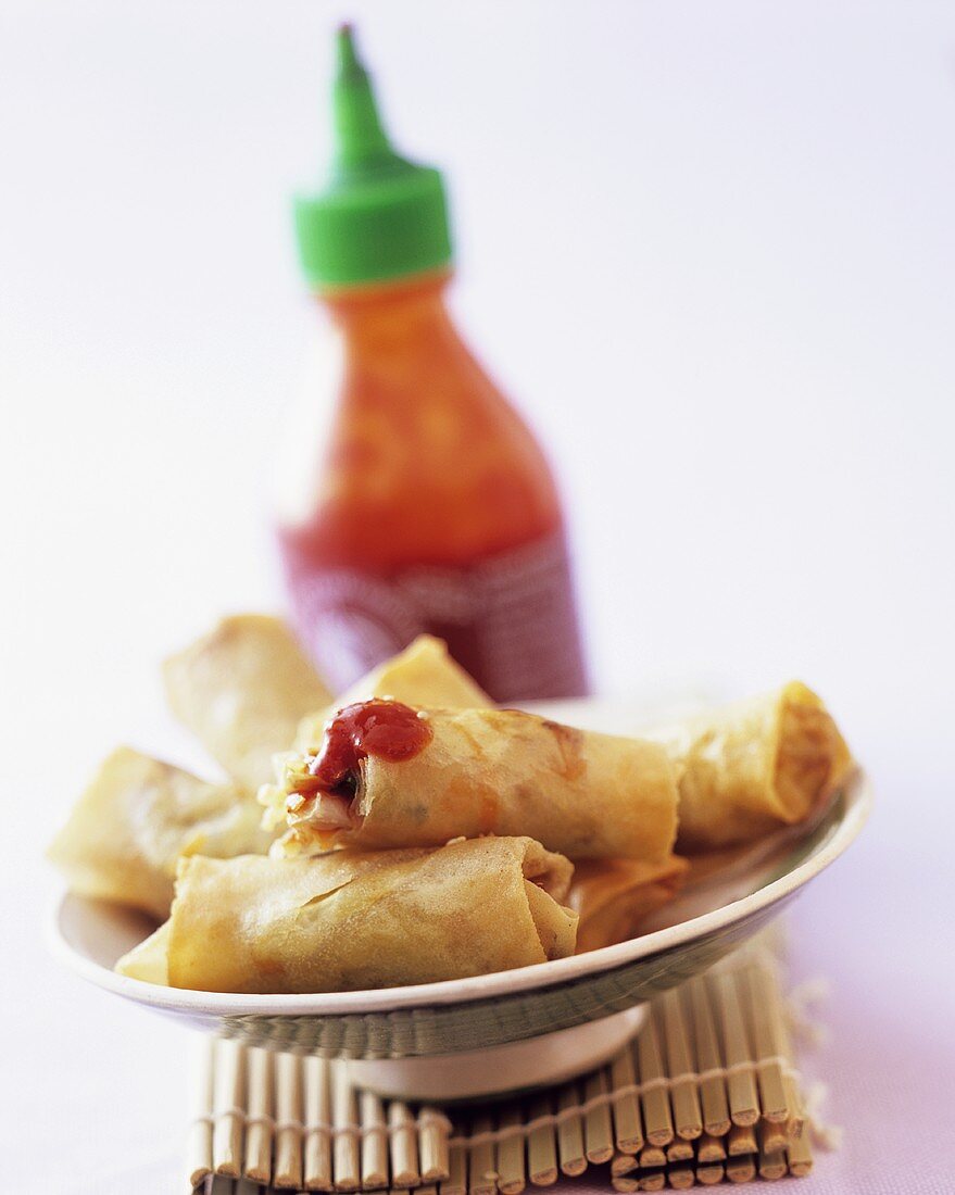 Frühlingsröllchen mit einem Klecks Ketchup