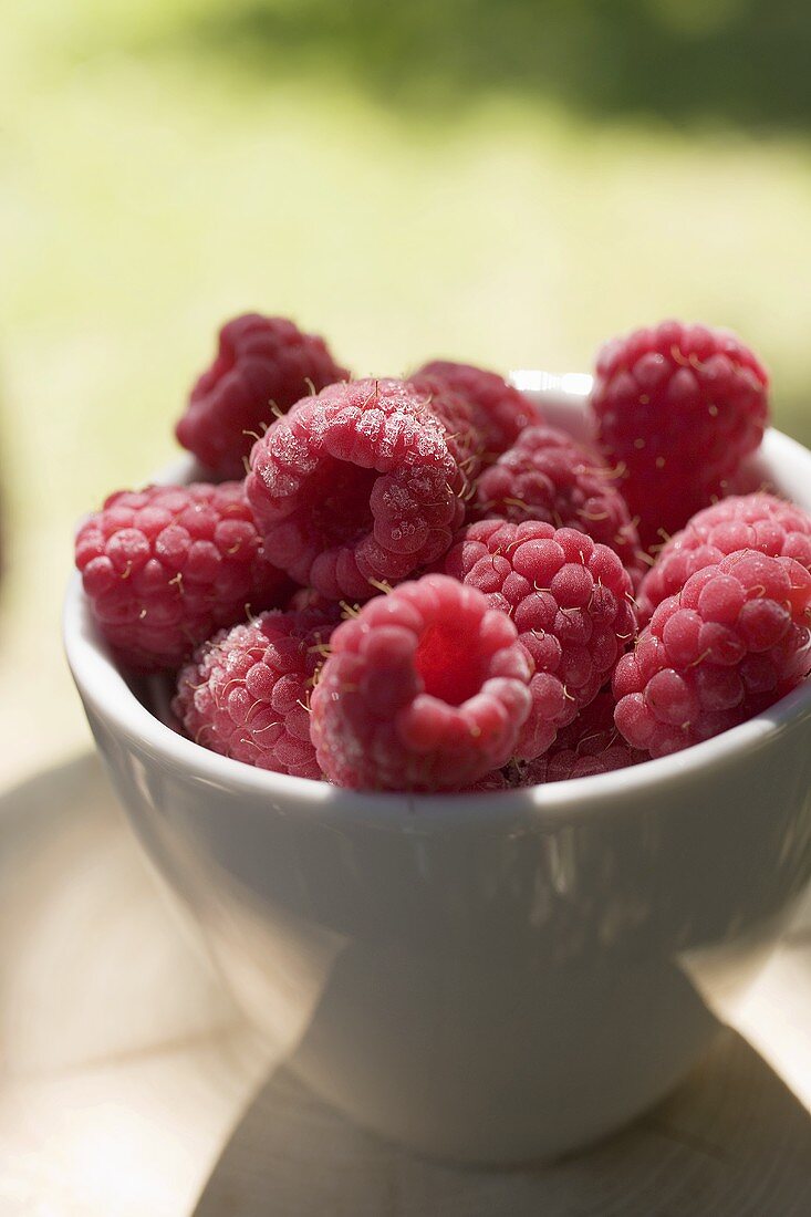 Raspberries in white bowl in the open air
