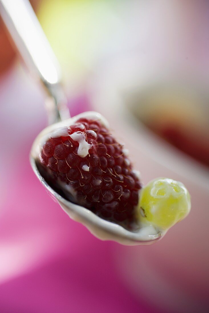 Raspberry and grape with yoghurt on spoon