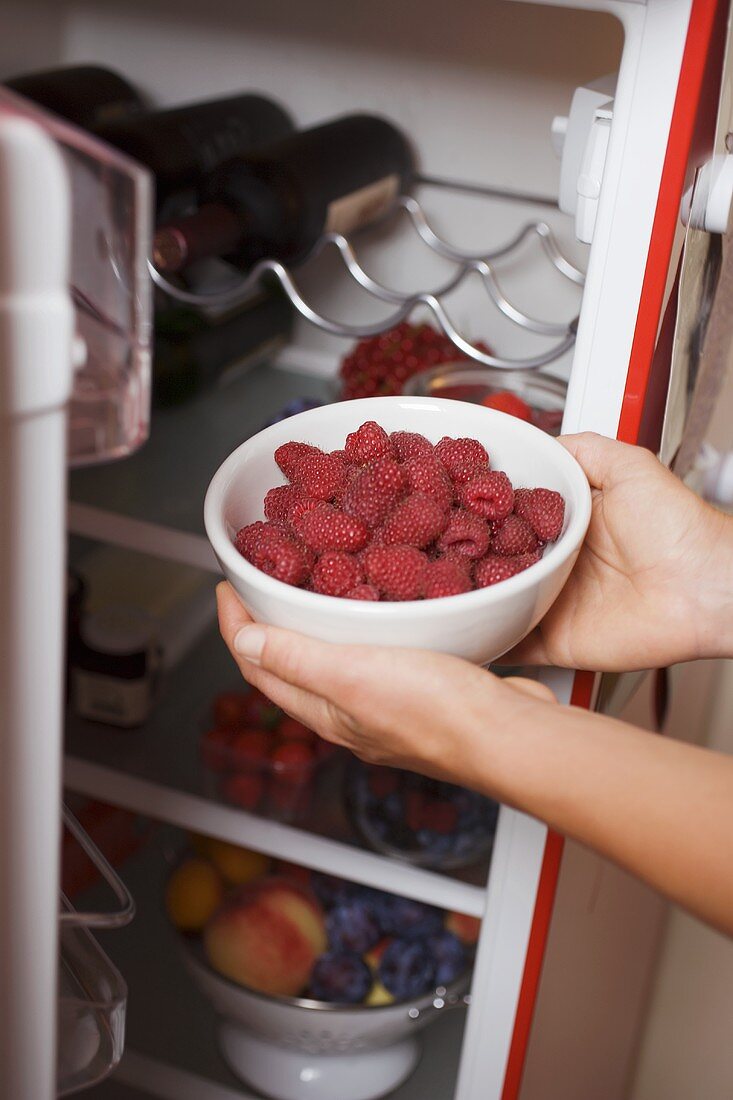 Hands putting bowl of raspberries into the fridge