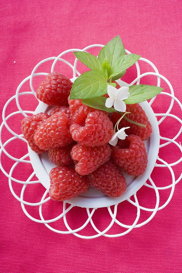 Himbeeren mit Blättern und Blüten