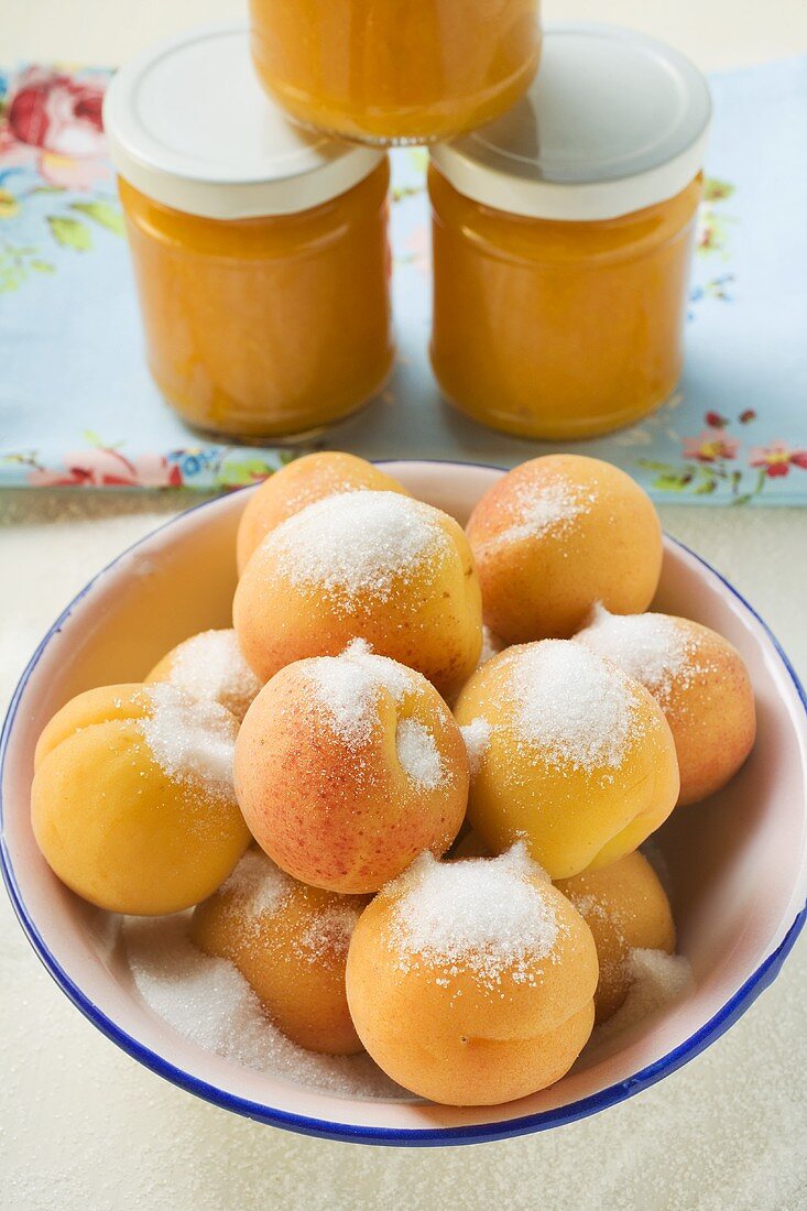 Aprikosen mit Zucker in Schüssel, dahinter Marmeladengläser