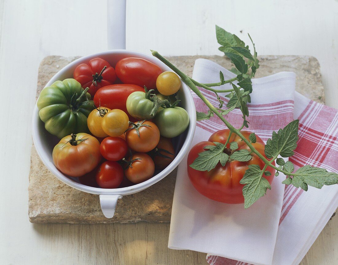 Various types of tomatoes in a colander