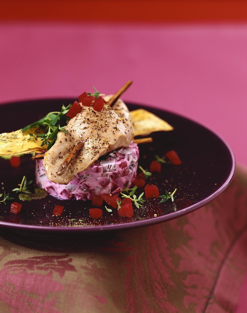 Pheasant breast on beetroot and celery tartare